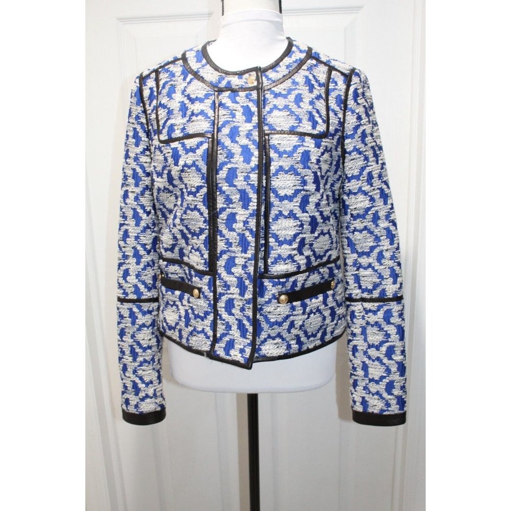 Diane Von Furstenberg Blue & White Cotton Blend Knit Leather Trim Jacket Size 8